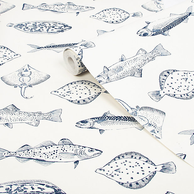 Joules Blue Fish Smooth Wallpaper | DIY at B&Q