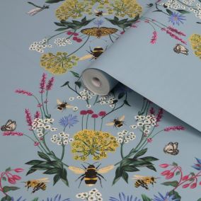Joules Blue Floral bee Smooth Wallpaper Sample