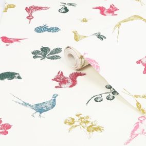 Joules Multicolour Etched woodland Smooth Wallpaper Sample