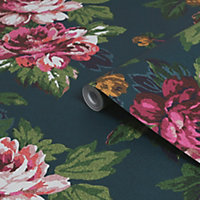 Joules Teal Floral Smooth Wallpaper