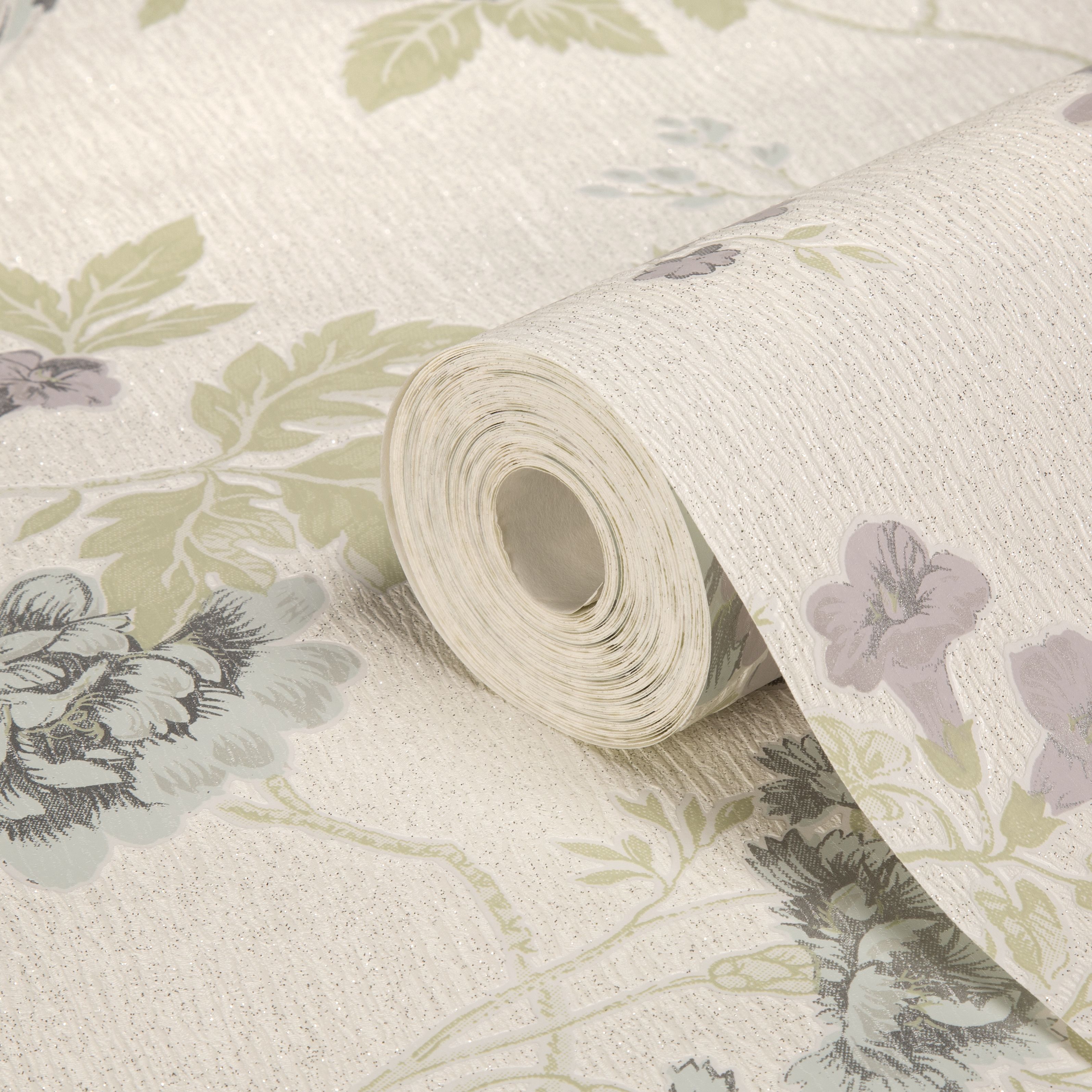 Julien MacDonald Exotica Duck egg & lilac Glitter effect Floral & birds Textured Wallpaper