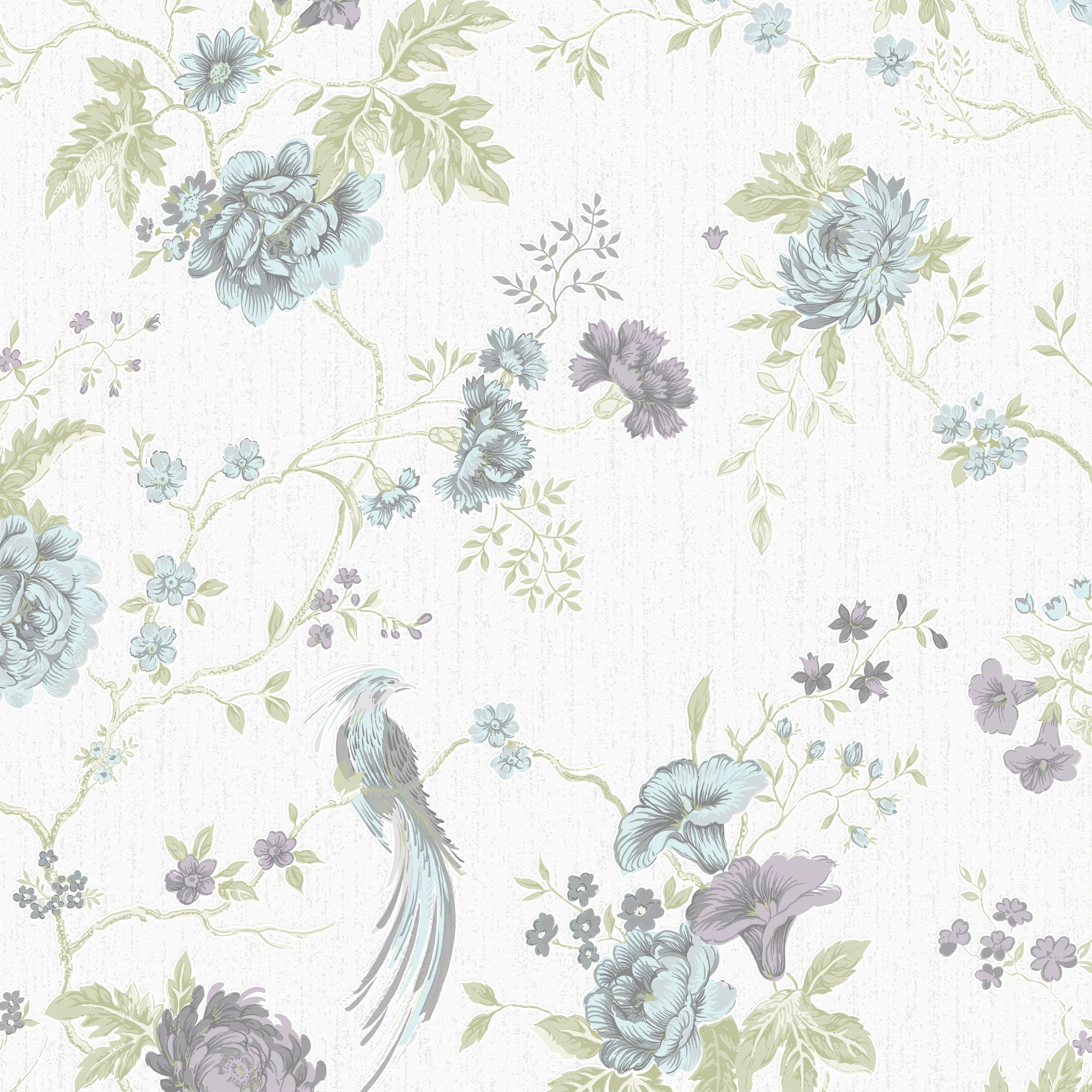Julien MacDonald Exotica Duck egg & lilac Glitter effect Floral & birds Textured Wallpaper