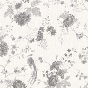 Julien MacDonald Exotica White Floral & birds Silver effect Textured Wallpaper Sample