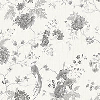 Julien MacDonald Exotica White Floral & birds Silver effect Textured Wallpaper