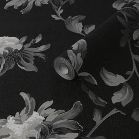 Julien MacDonald Fabulous Black & grey Floral Glitter effect Smooth Wallpaper Sample