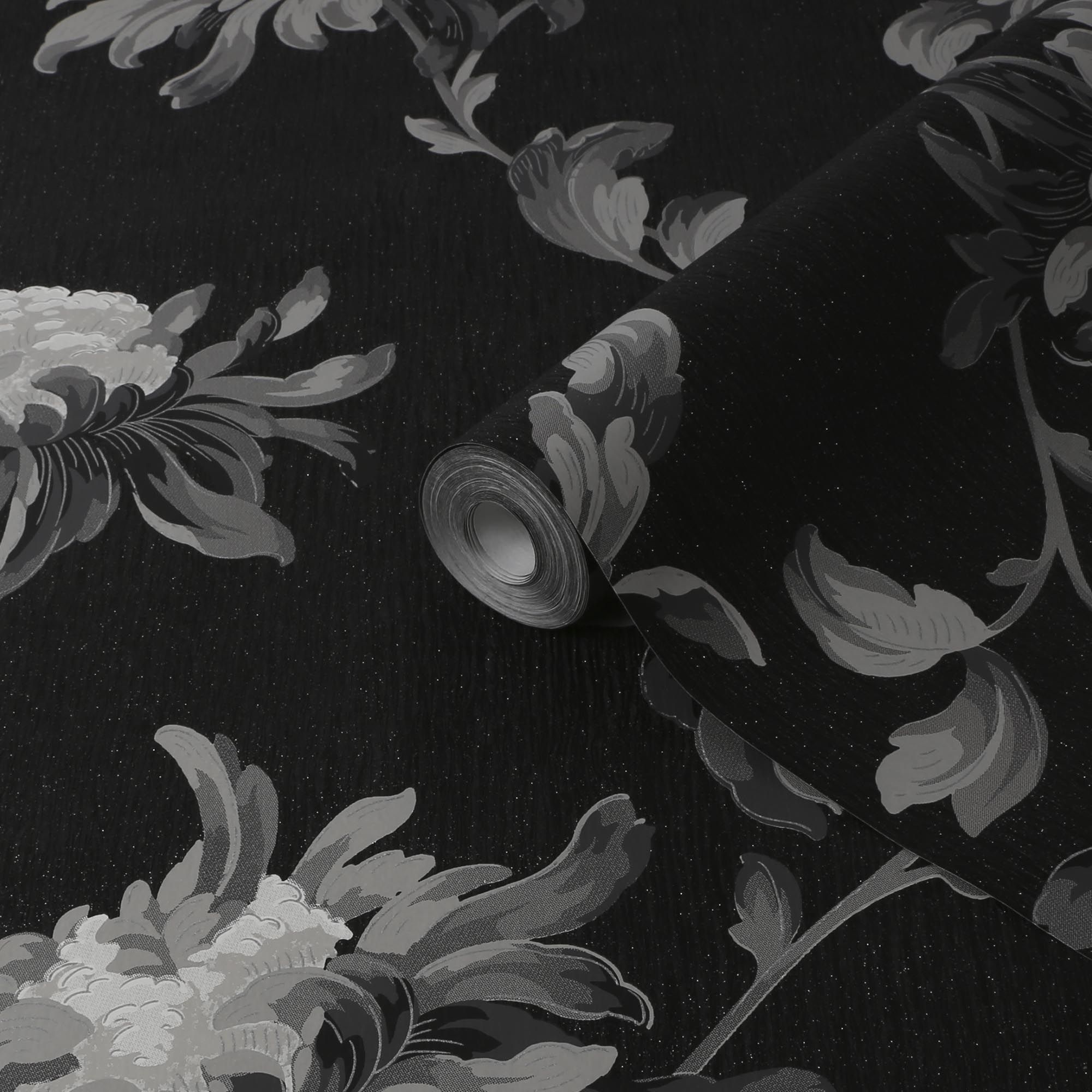 Julien MacDonald Fabulous Black & grey Glitter effect Floral Smooth Wallpaper Sample