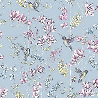 K2 Blue Floral & hummingbird Glitter effect Smooth Wallpaper
