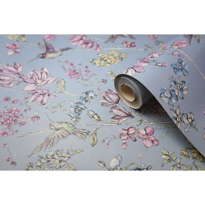 K2 Blue Glitter effect Floral & hummingbird Smooth Wallpaper