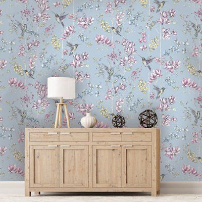 K2 Blue Glitter effect Floral & hummingbird Smooth Wallpaper