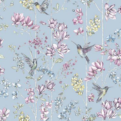 K2 Blue Glitter effect Floral & hummingbird Smooth Wallpaper
