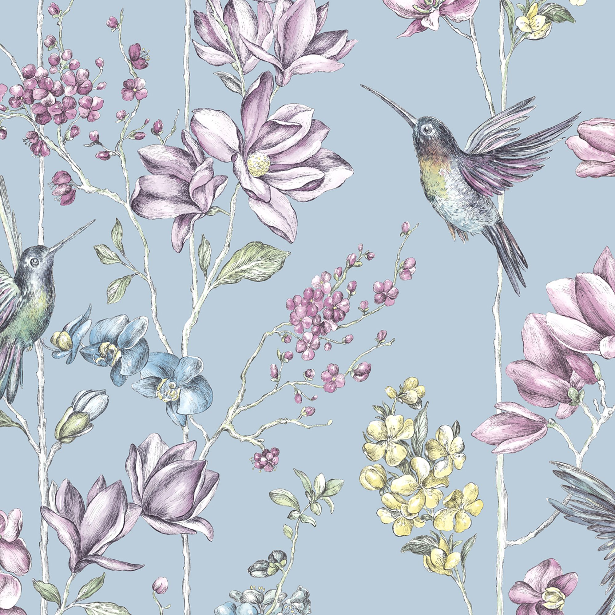 K2 Blue Glitter effect Floral & hummingbird Smooth Wallpaper