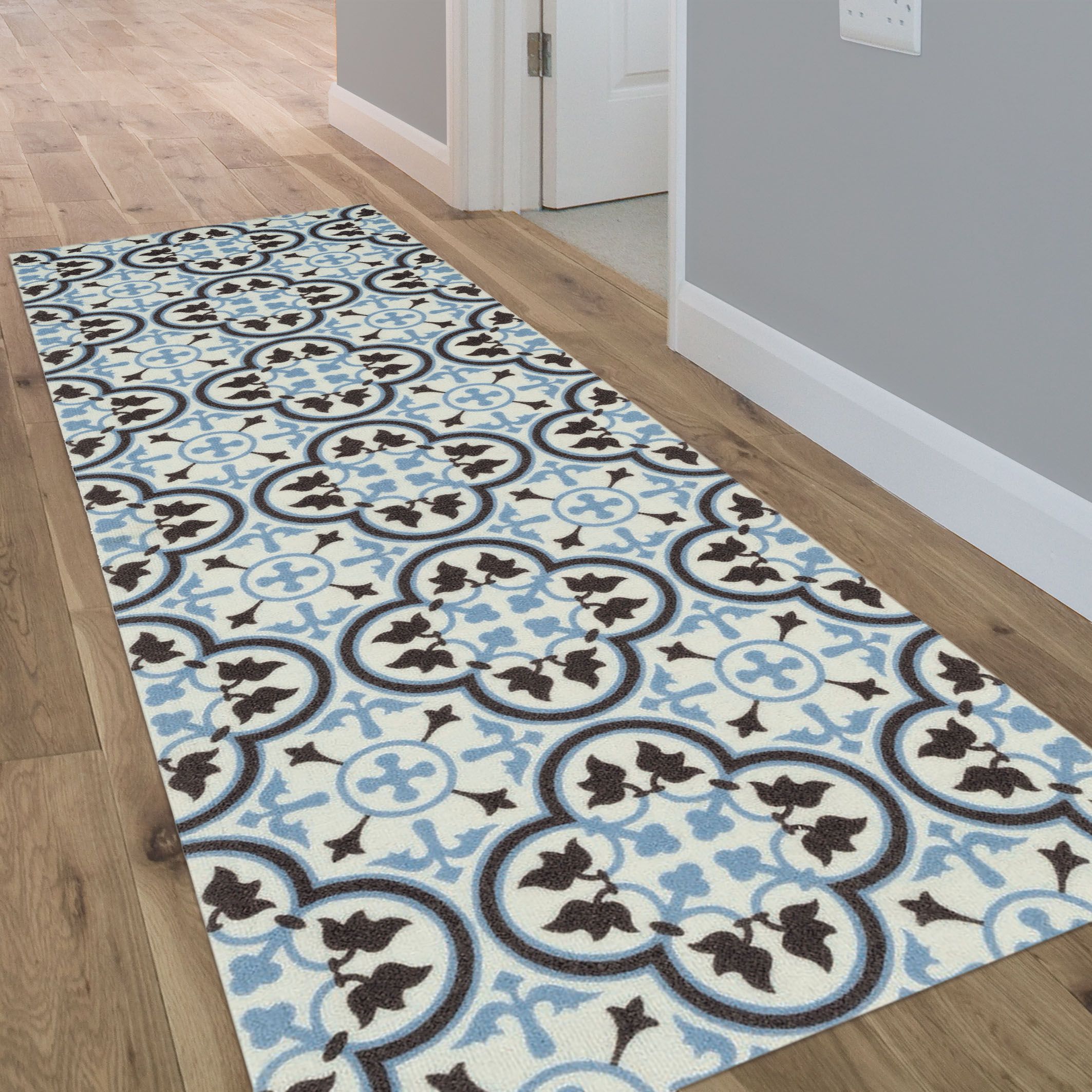 Kensington Blue Tile design Heavy duty Mat, 150cm x 50cm