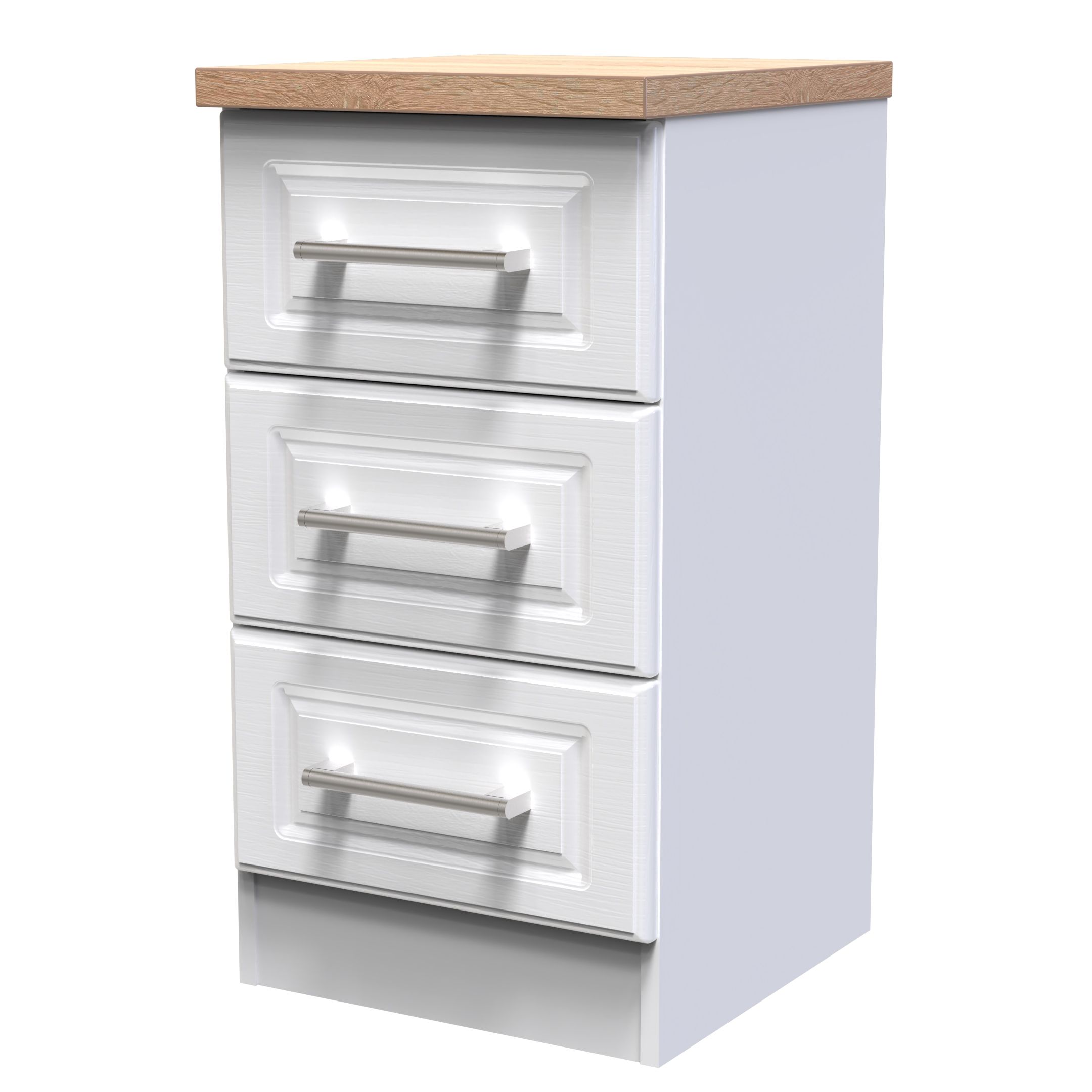 Kent Ready assembled Matt white light oak effect 3 Drawer Bedside chest (H)695mm (W)395mm (D)415mm