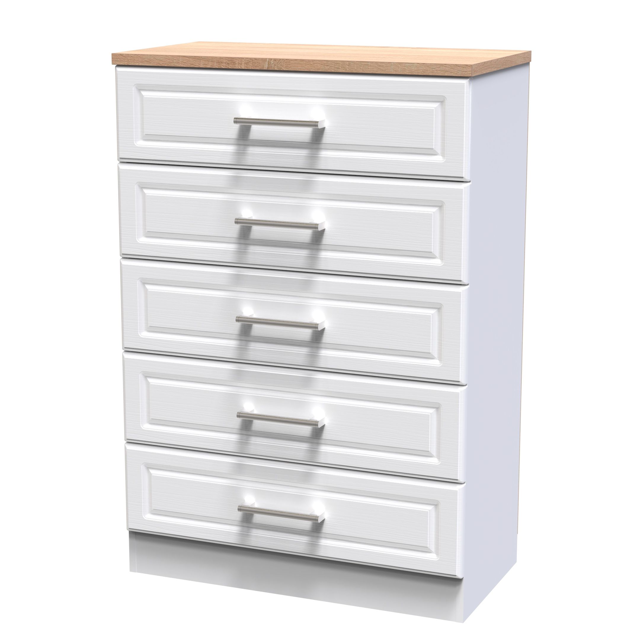 Kent Ready assembled Matt white light oak effect 5 Drawer Chest of drawers (H)1075mm (W)765mm (D)415mm