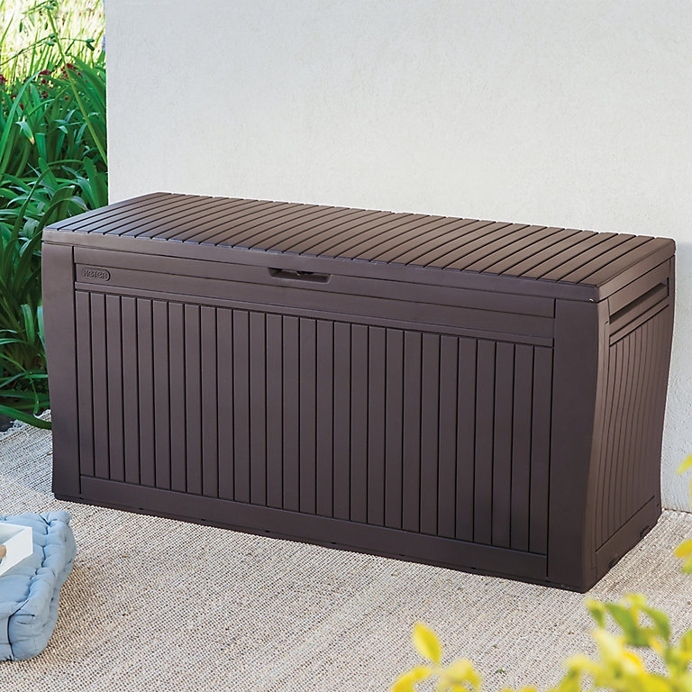 Large Garden Plastic Cushion Storage Box Wood Effect Outdoor Utility Chest Black 