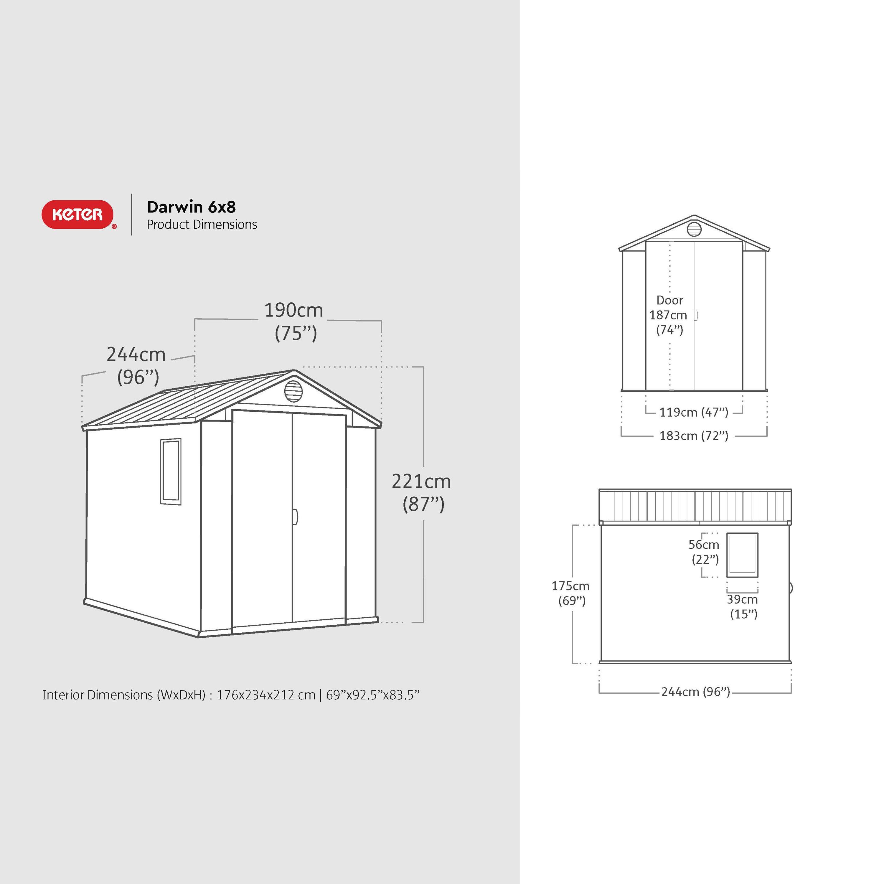 Keter Darwin 8x6 ft Apex Plastic 2 door Shed with floor & 1 window