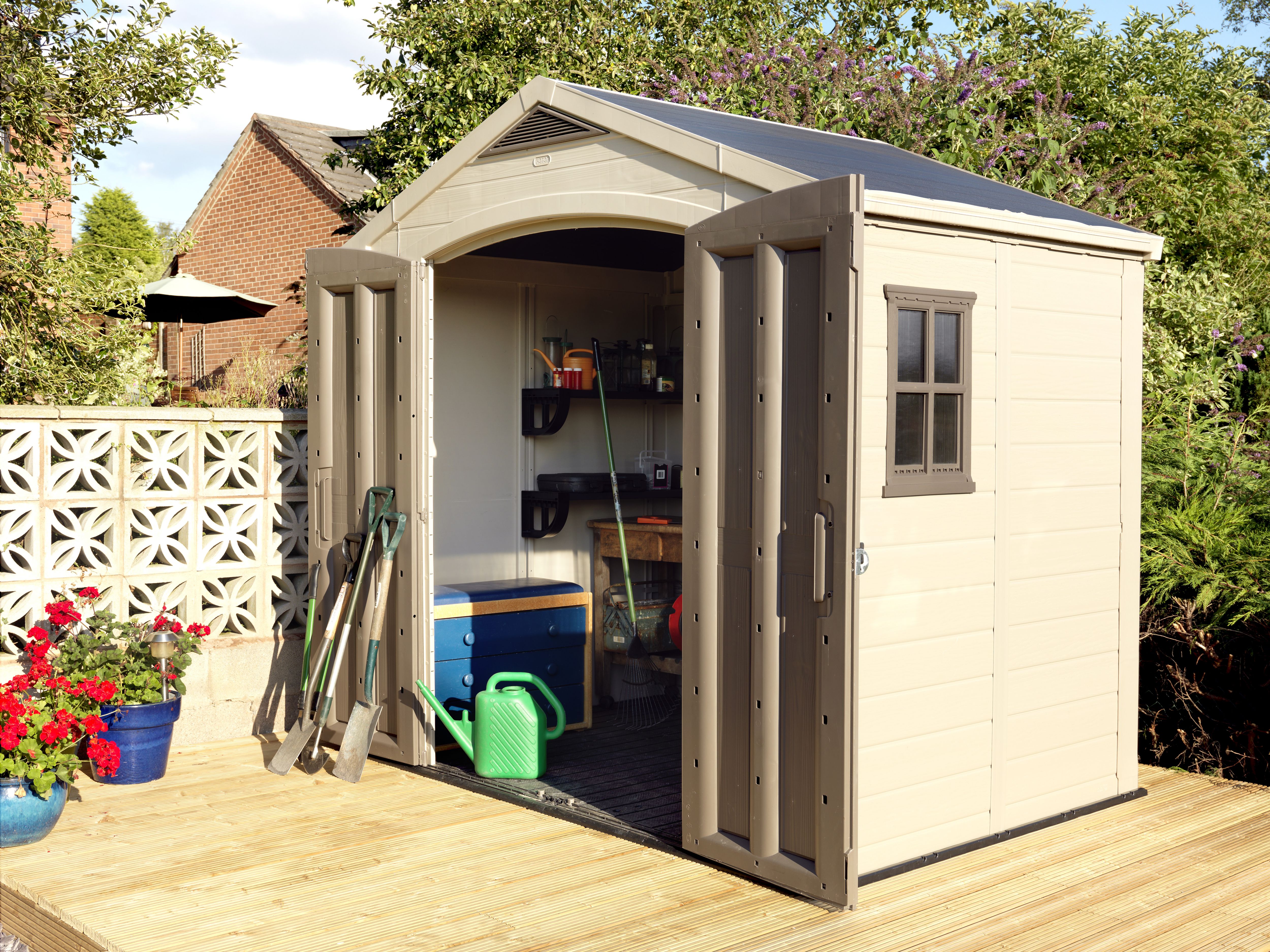Keter Factor 8x6 ft Apex Beige Plastic 2 door Shed with floor & 1 window
