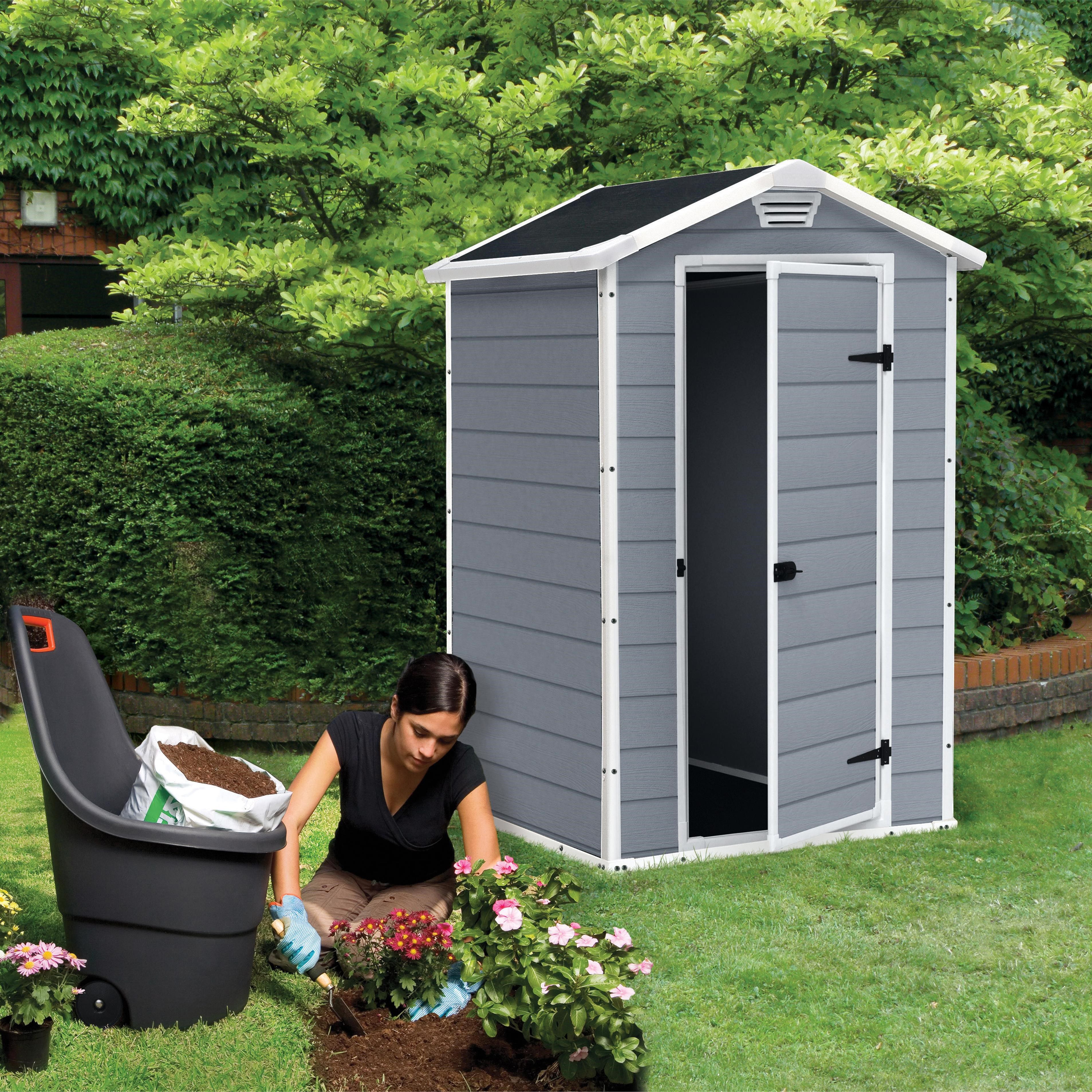 keter manor 4x3 apex plastic shed base included diy at b&q