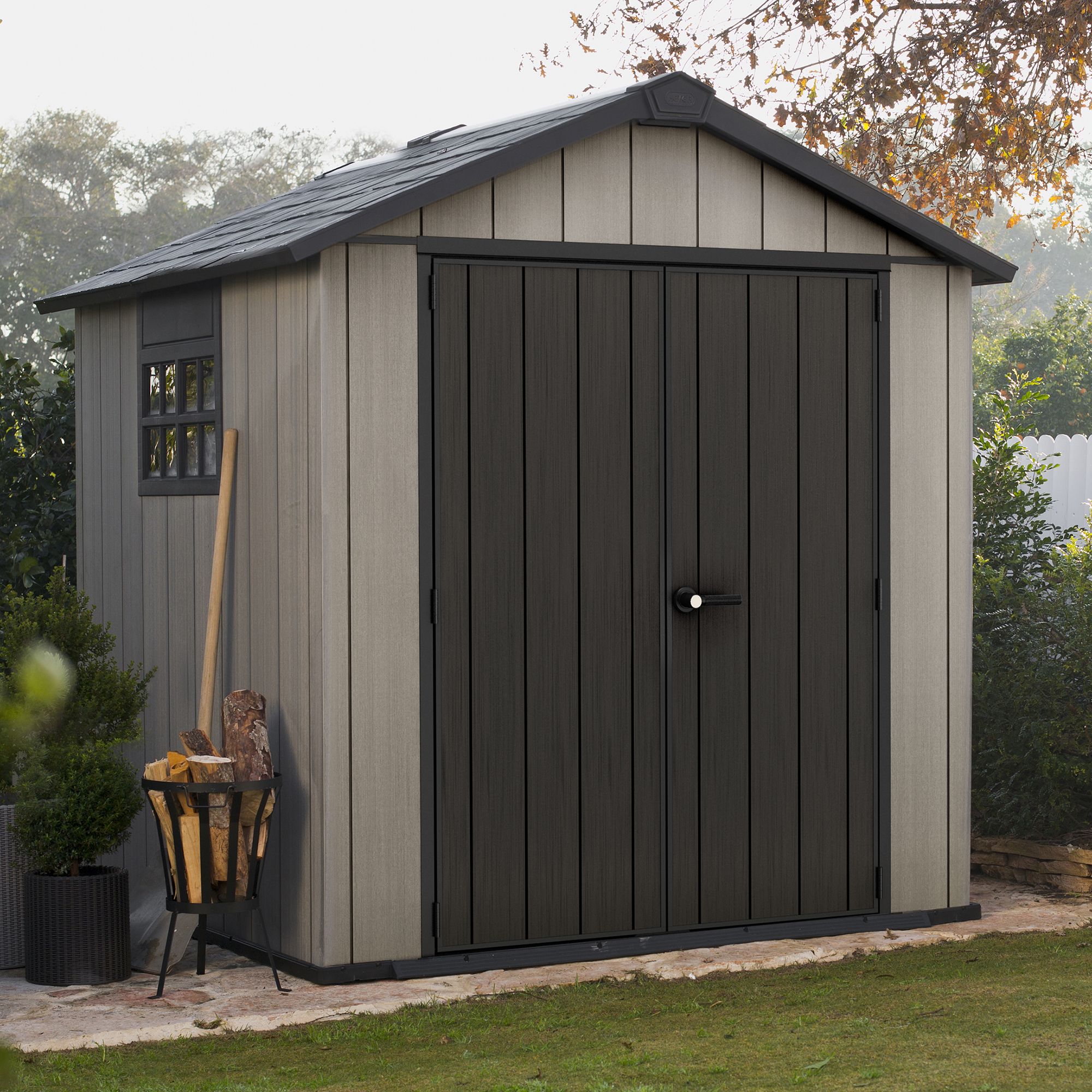 Keter Oakland 7x7 ft Apex Grey Plastic 2 door Shed with floor & 1 window