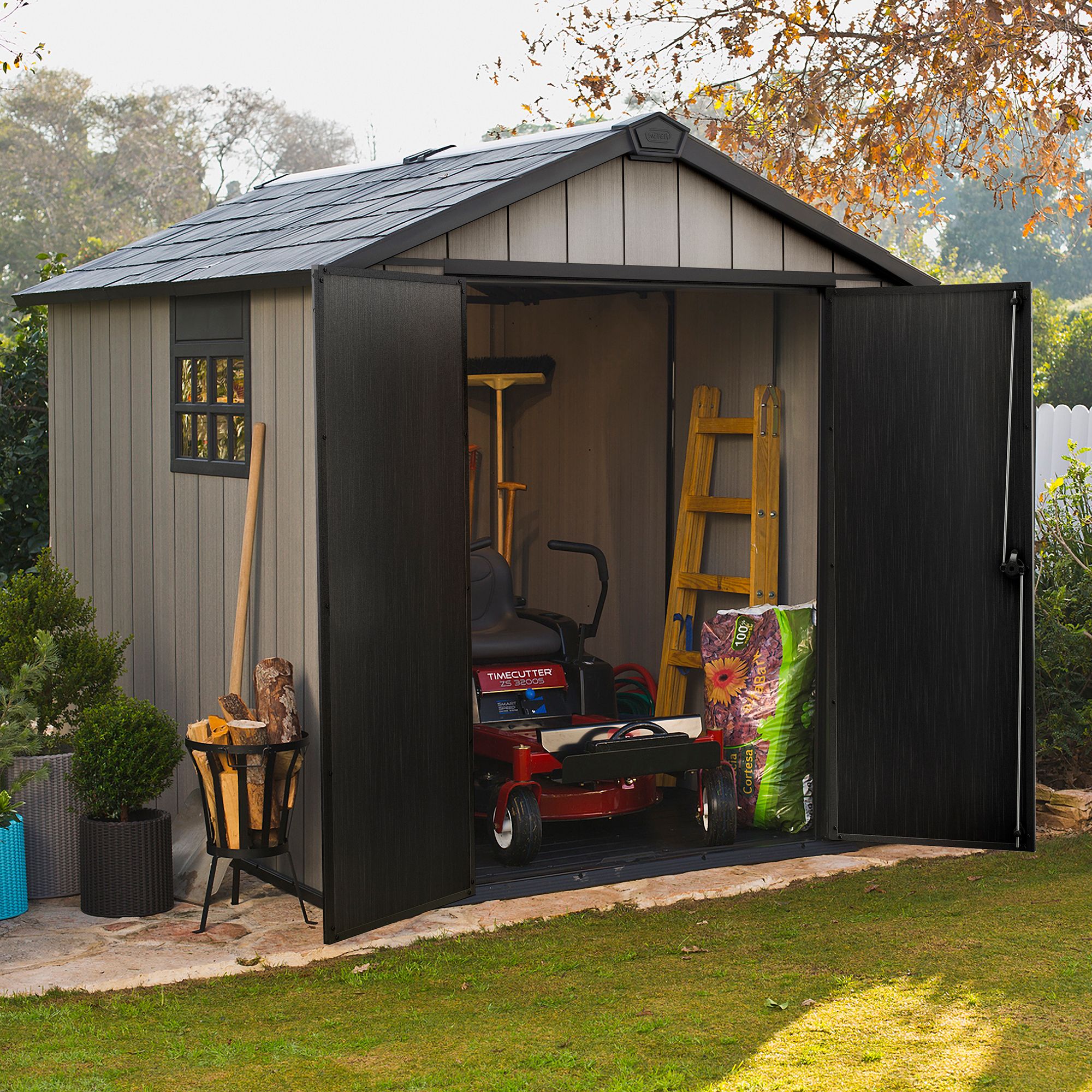 Keter Oakland 9x7 ft Apex Grey Plastic 2 door Shed with floor & 1 window