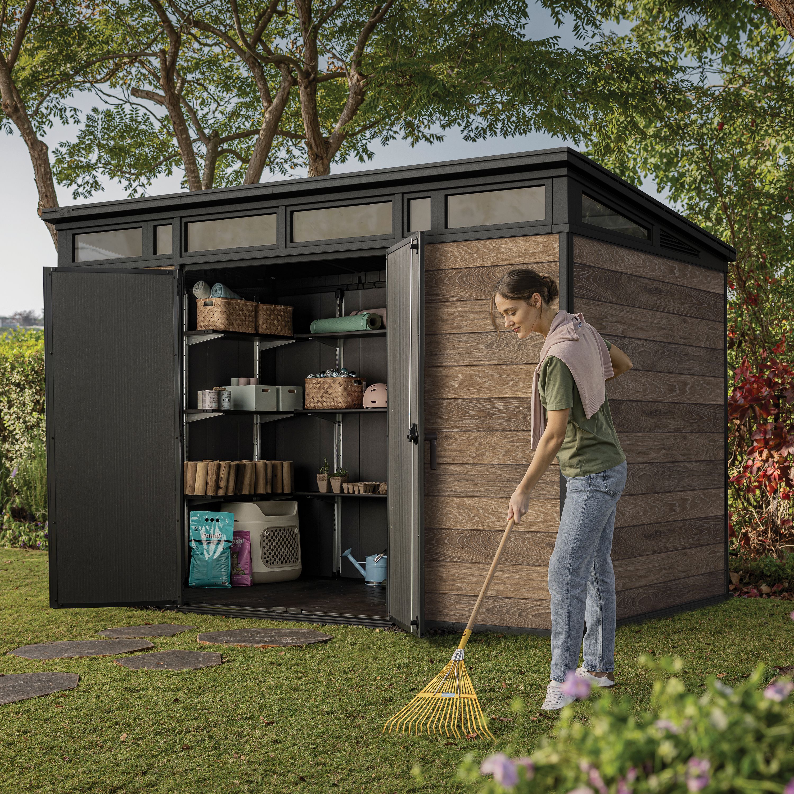 Keter Signature 7x11 ft Pent Walnut Plastic 2 door Shed with floor