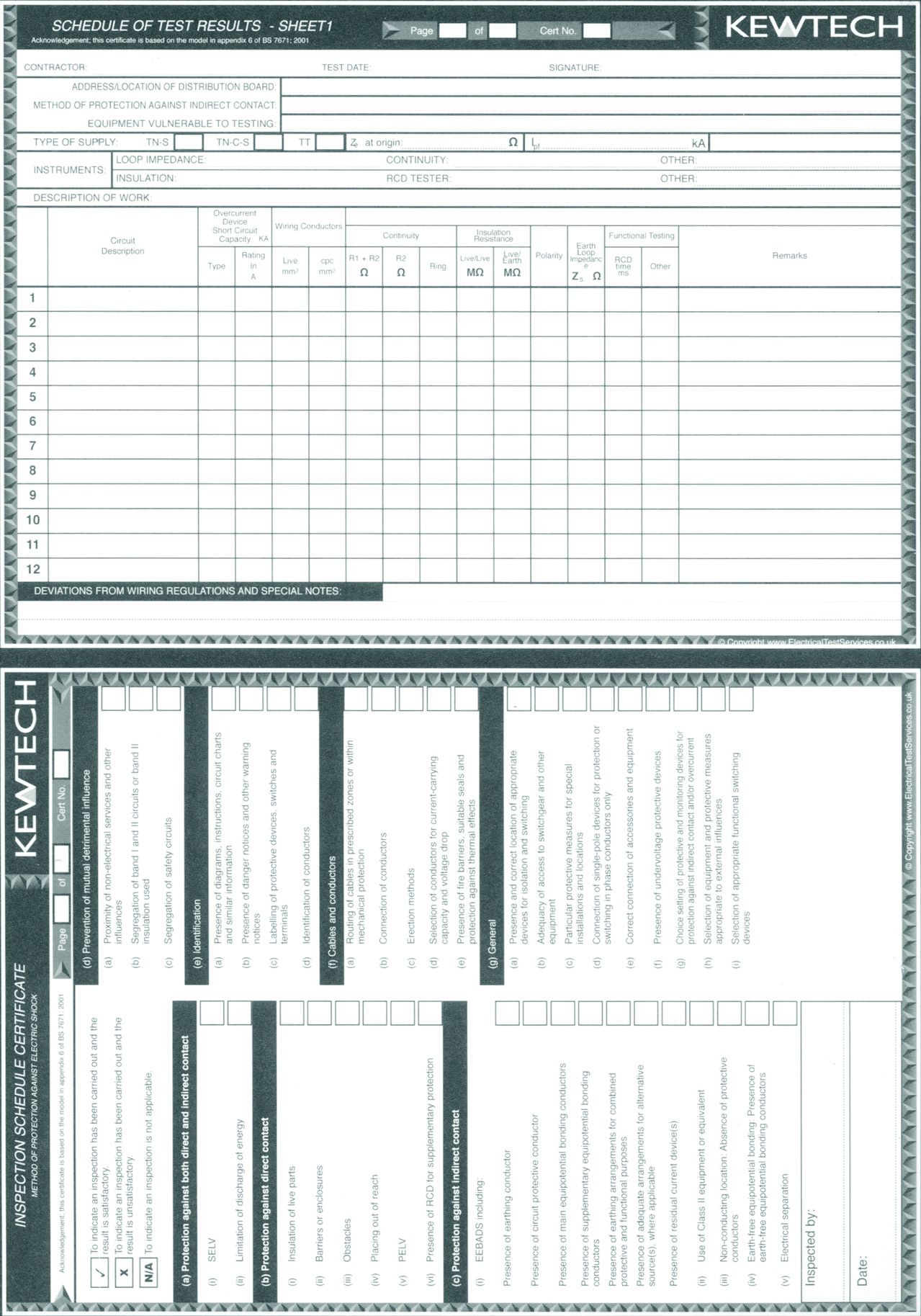 Kewtech Test report pad