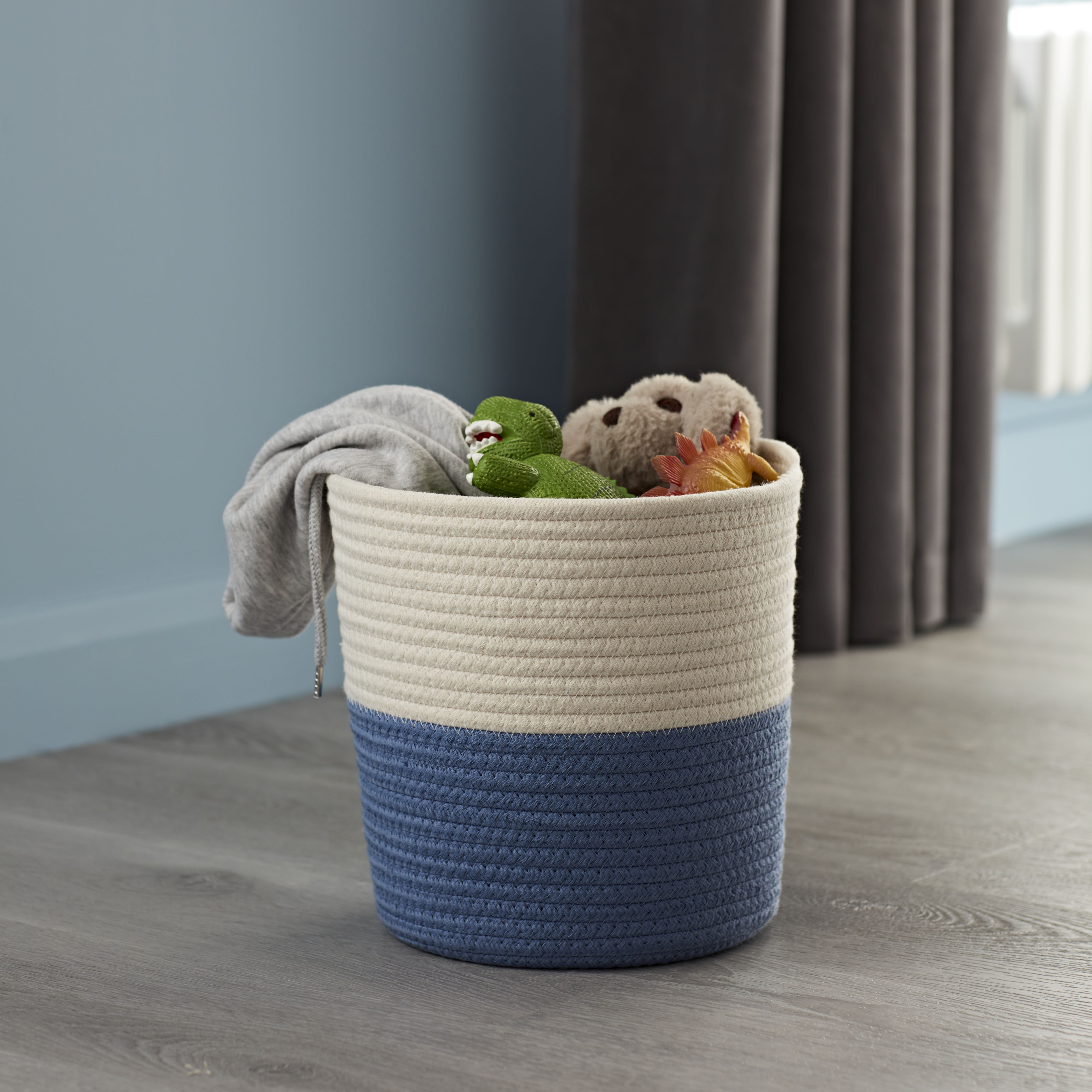 Blue and white store storage baskets