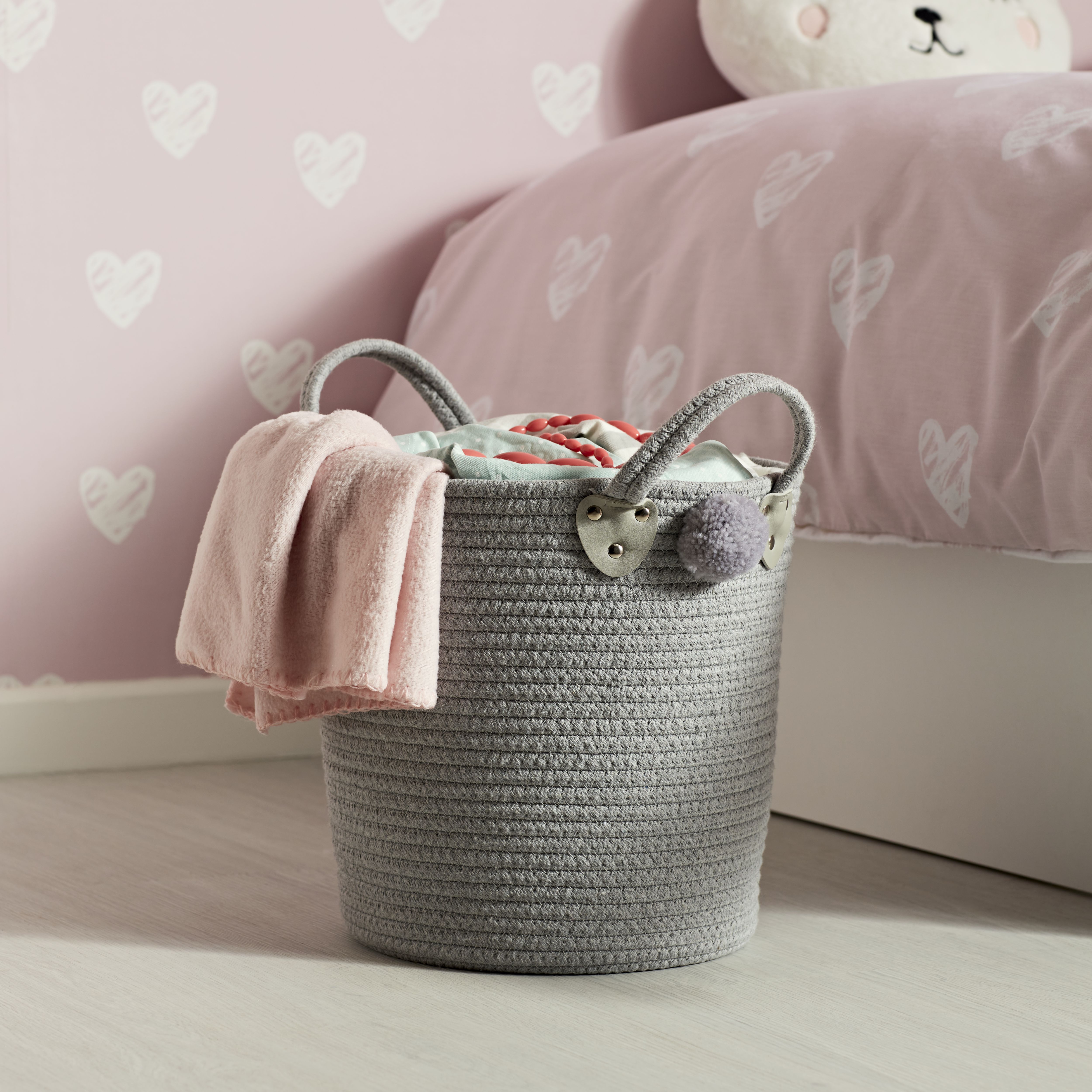 Kids at Home Kids Pom-pom Grey Polyester Nestable Storage basket (H)30cm (W)30cm (D)29cm