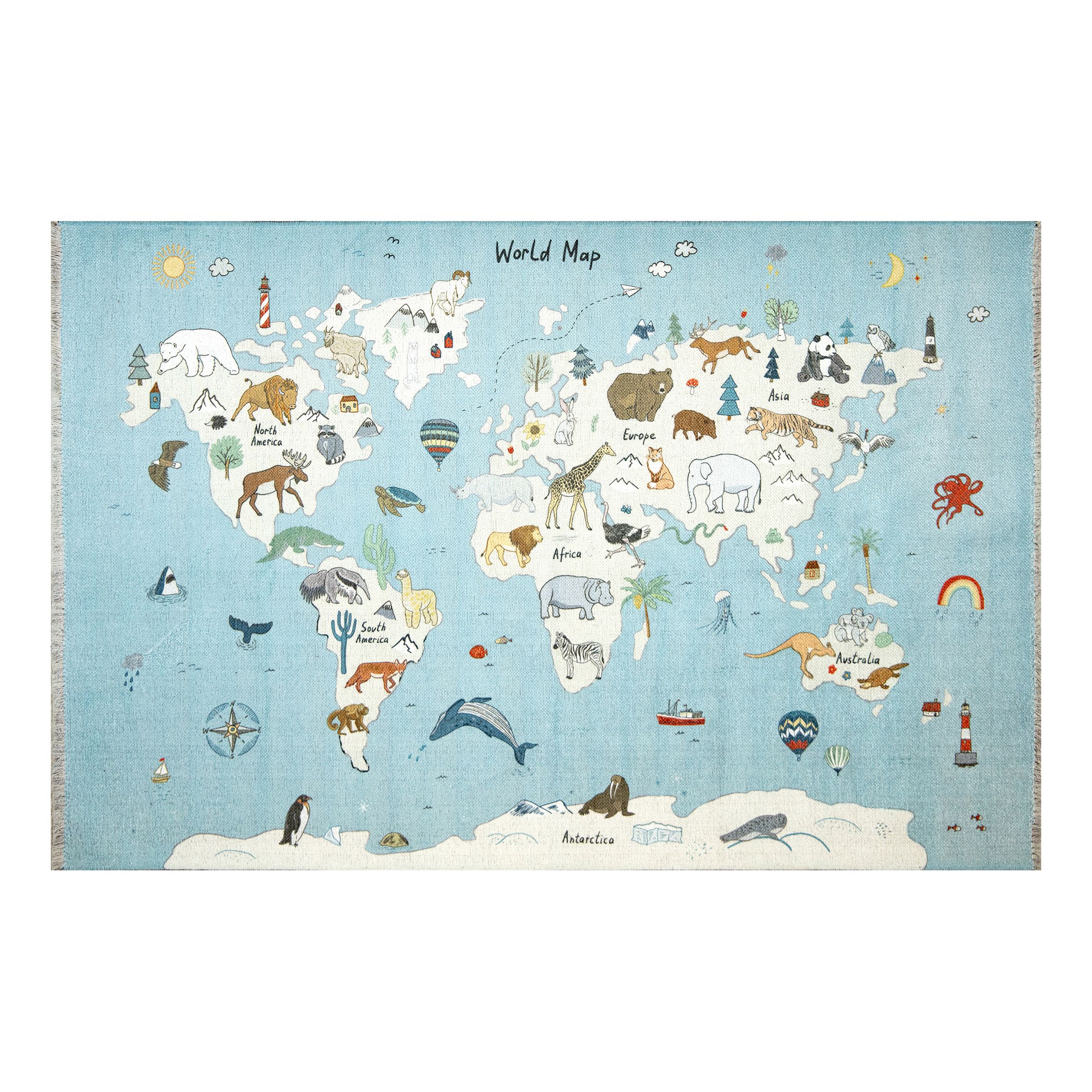 Kids Multicolour Animal Map Woven effect Medium Rug, (L)150cm x (W)100cm