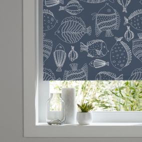 Kitchen & bathroom blinds Corded Fish print navy Blackout Roller Blind (W)180cm (L)180cm