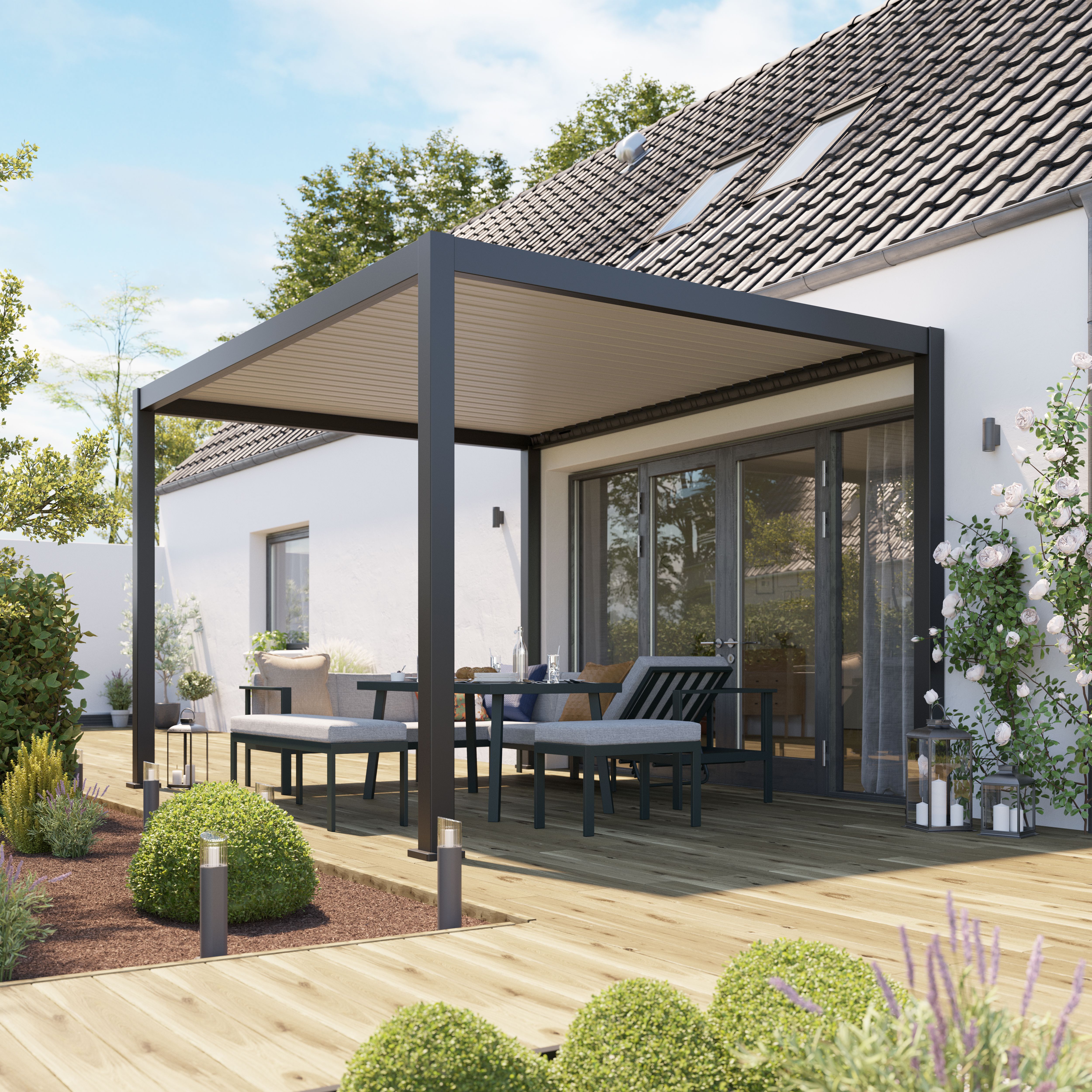 Klikstrom Breva LED Rectangular Pergola, (W)3.93m x (D)3.01m x (H)2.51m