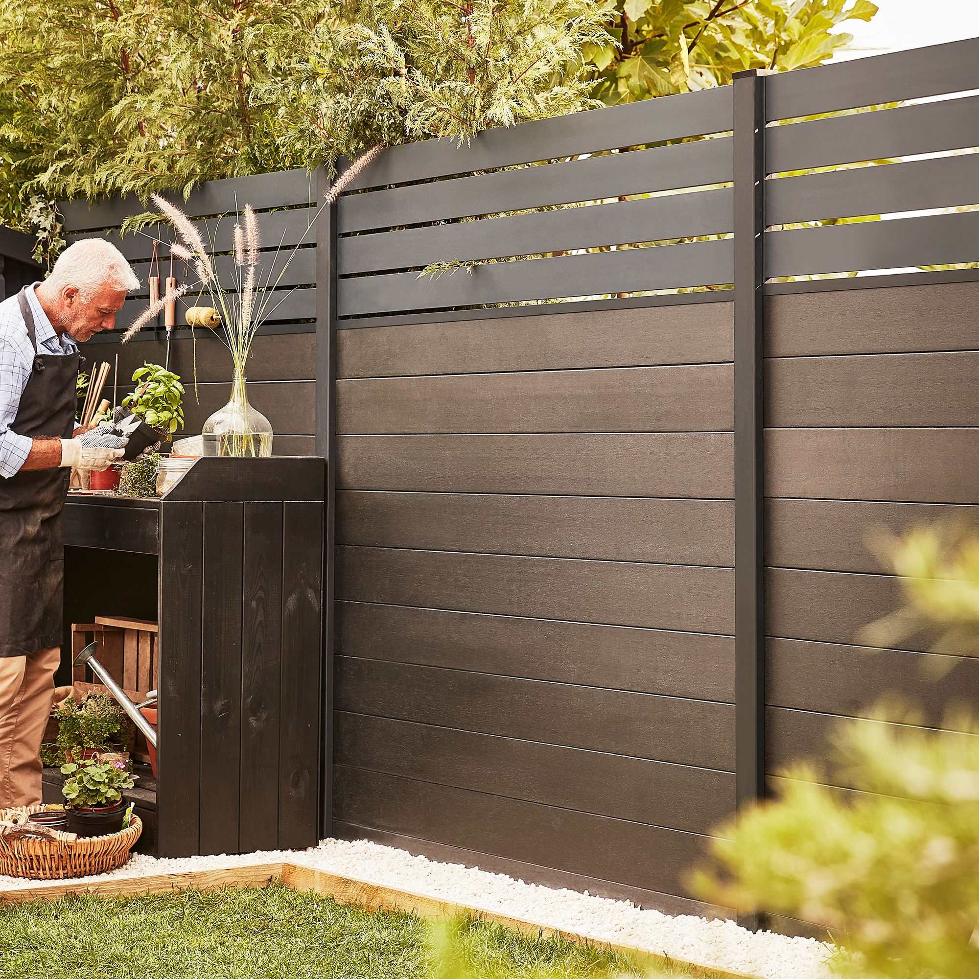 Klikstrom Neva Slat Contemporary Untreated Dark grey Metal 1/4 fence panel (W)1.79m (H)0.44m
