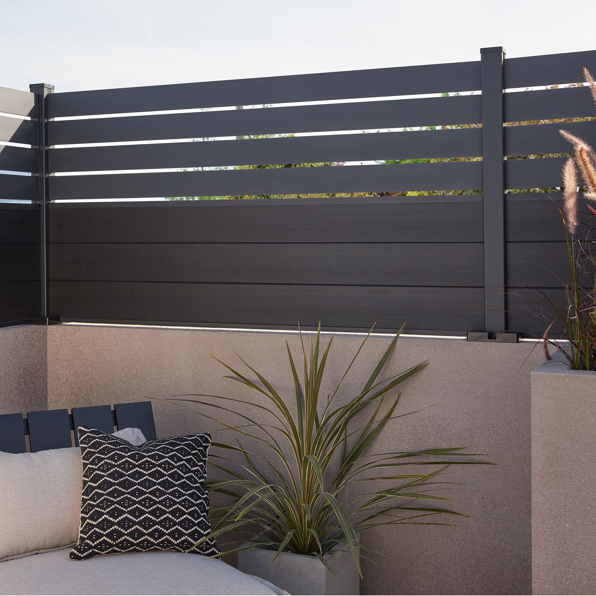 Klikstrom Neva Slat Contemporary Untreated Dark grey Metal 1/4 fence panel (W)1.79m (H)0.44m