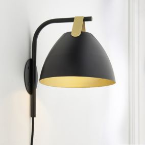Koby Retro Matt Black & gold Plug-in LED Wall light