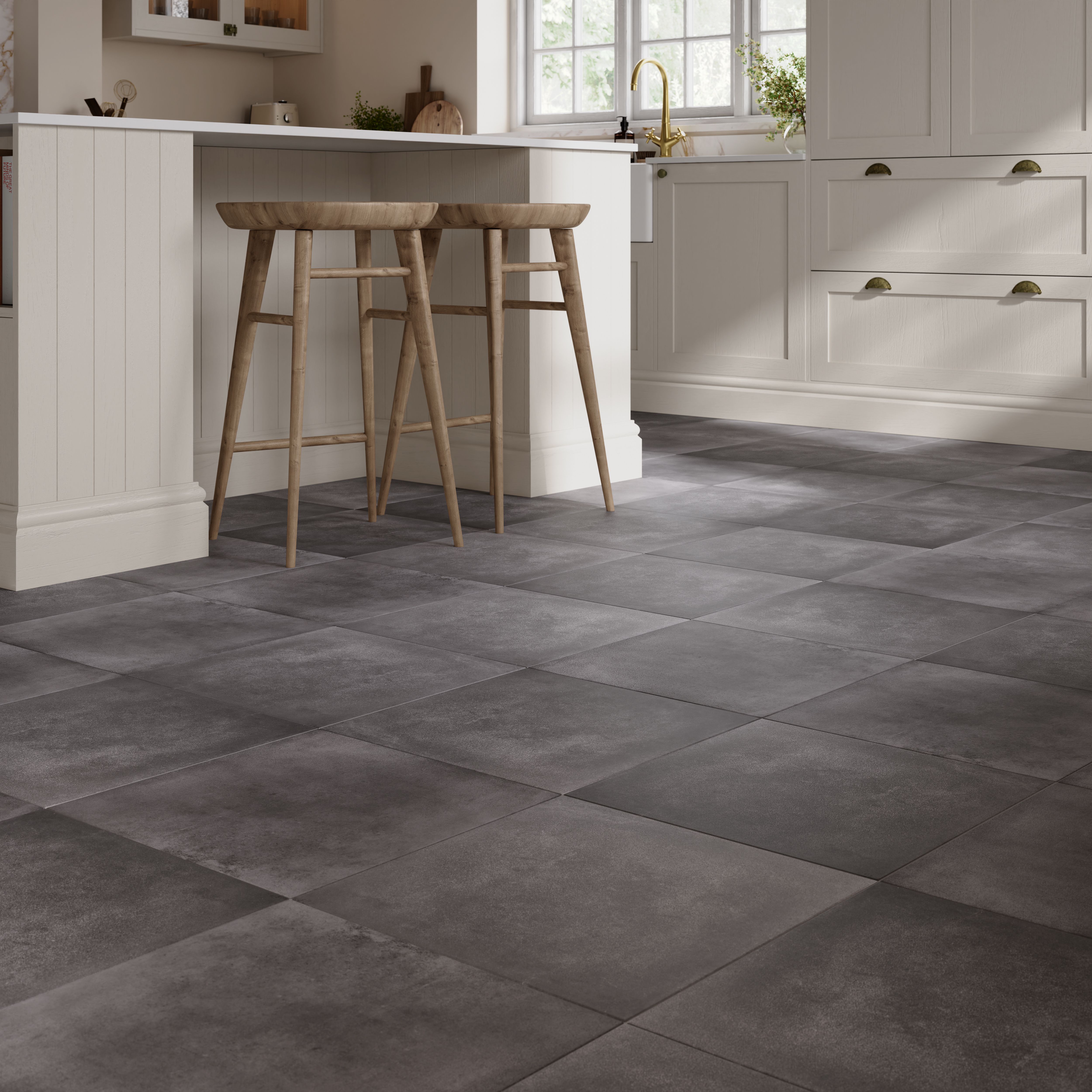 Konkrete Anthracite Matt Concrete effect Porcelain Indoor Wall & floor tile, Pack of 4, (L)616mm (W)616mm
