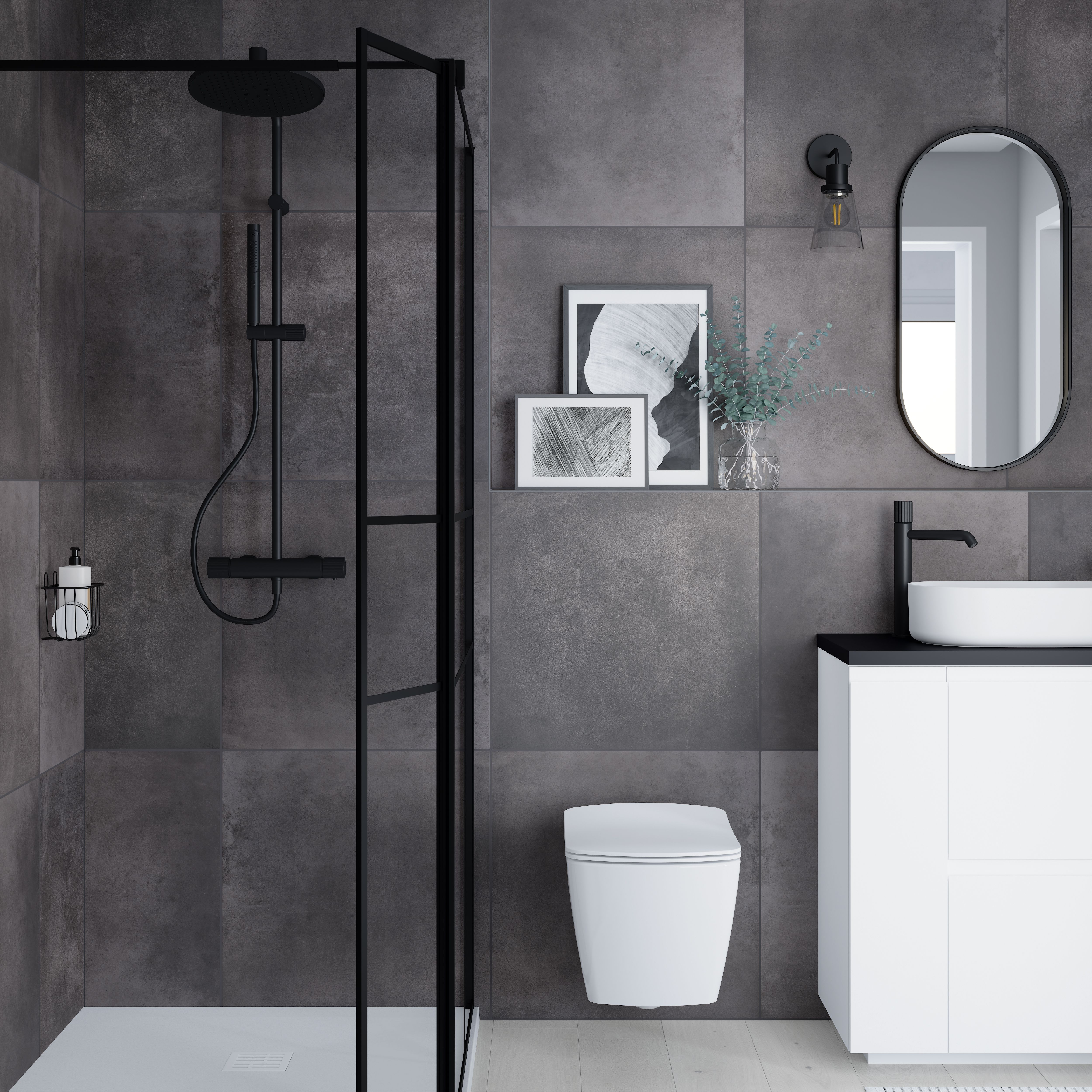 Konkrete Anthracite Matt Concrete effect Porcelain Indoor Wall & floor tile, Pack of 4, (L)616mm (W)616mm