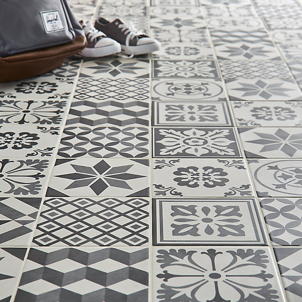 Konkrete Grey Matt Décor Mix Porcelain, Grey And White Patterned Floor Tiles