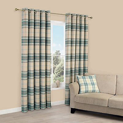 Lamego Cream Duck Egg Tartan Lined, Grey And Cream Eyelet Curtains