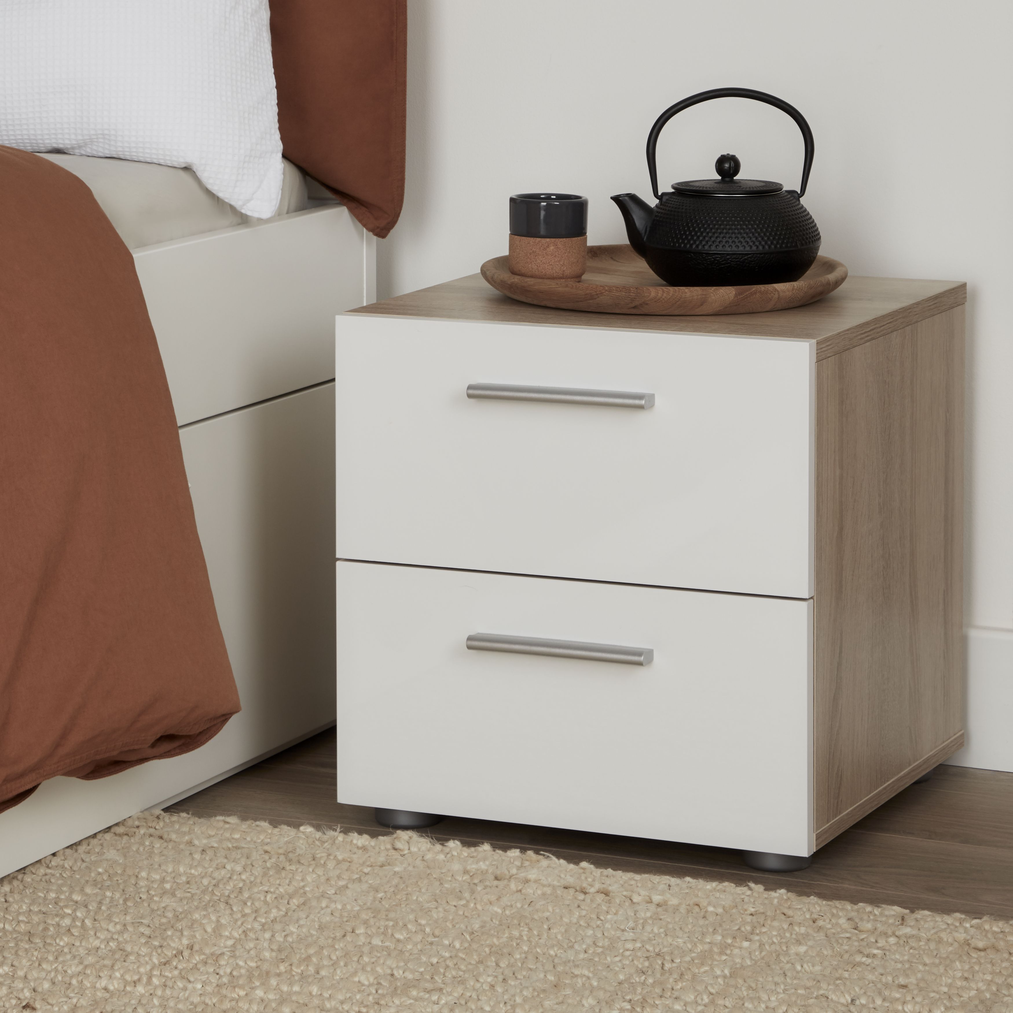 Lamego Matt white oak effect 2 Drawer Bedside table (H)423mm (W)400mm (D)402.5mm