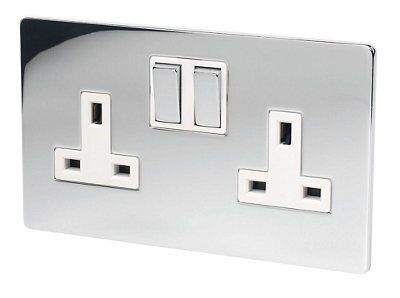 LAP Chrome 13A Screwless Switched Socket with White inserts