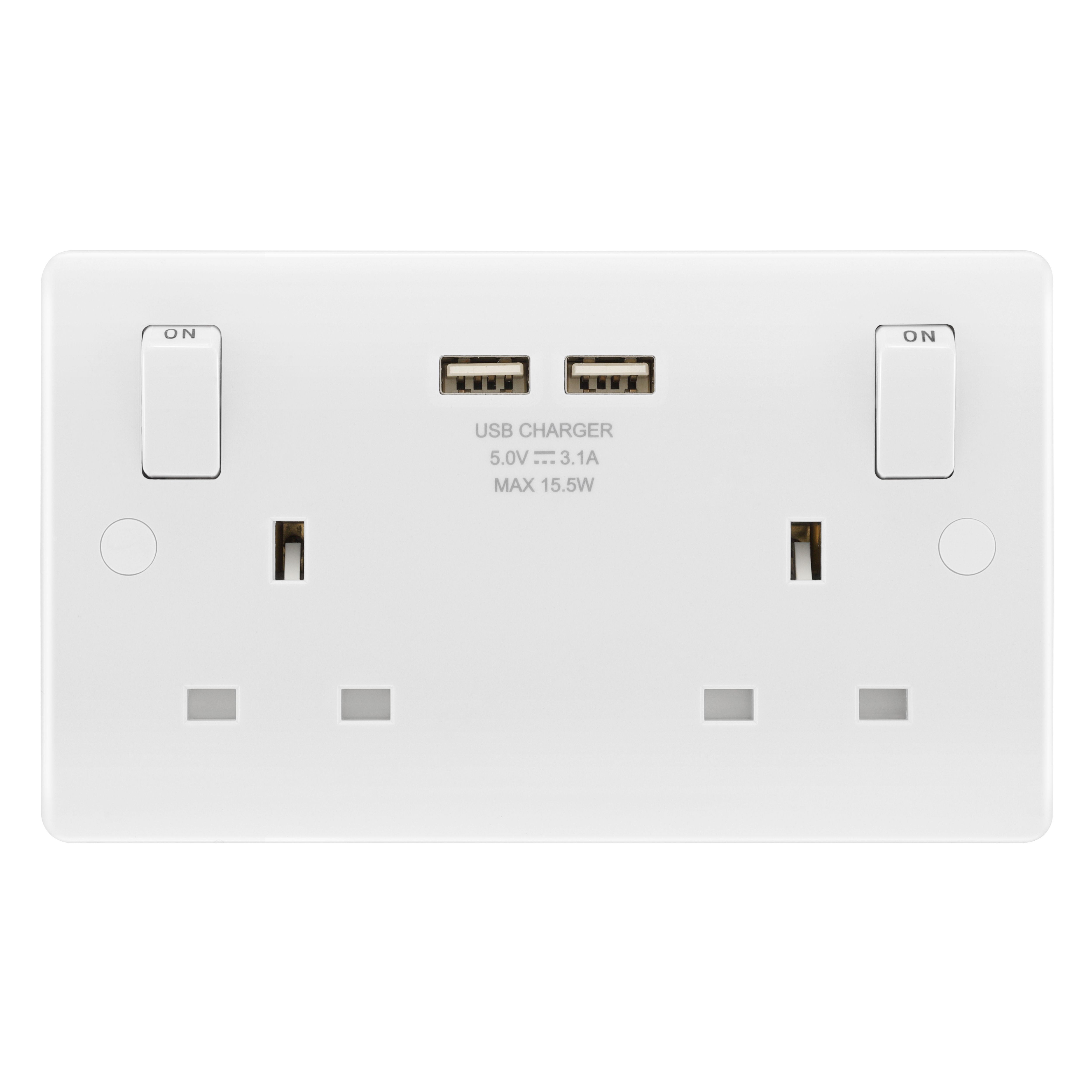 LAP Double 13A Switched Gloss White Socket with USB x2 3.1A