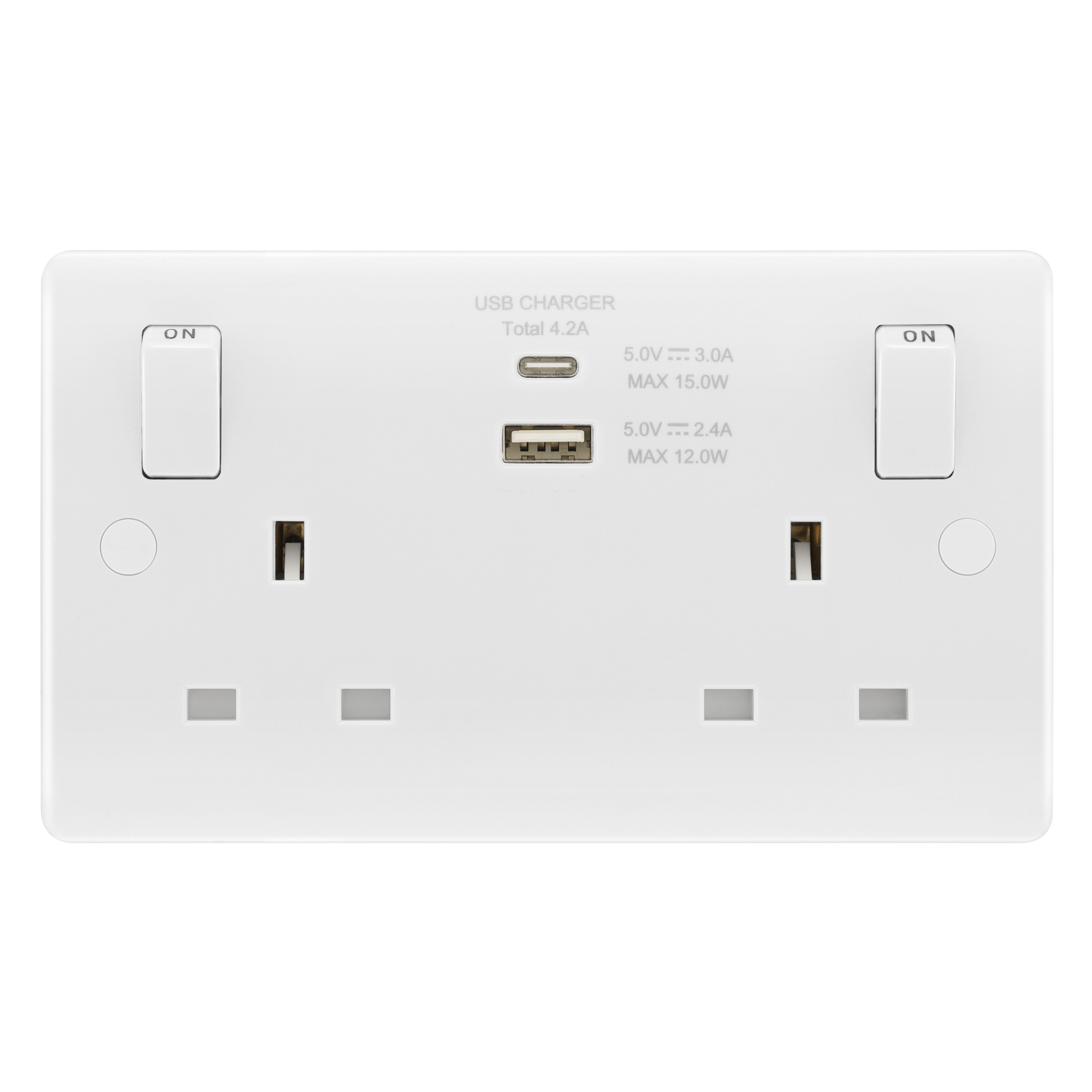 LAP Double 13A Switched Gloss White Socket with USB x2 4.2A