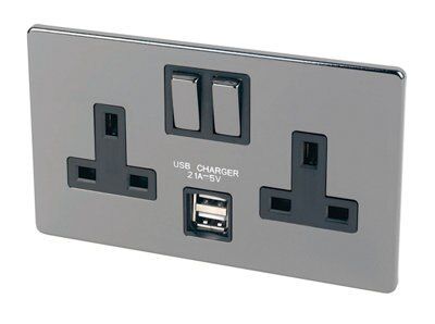 LAP Flat Switched Screwless Socket with USB, x2 & Black inserts