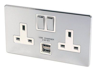 LAP Flat Switched Screwless Socket with USB, x2 & White inserts