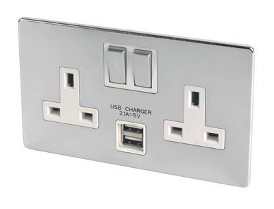 LAP Flat Switched Screwless Socket with USB, x2 & White inserts