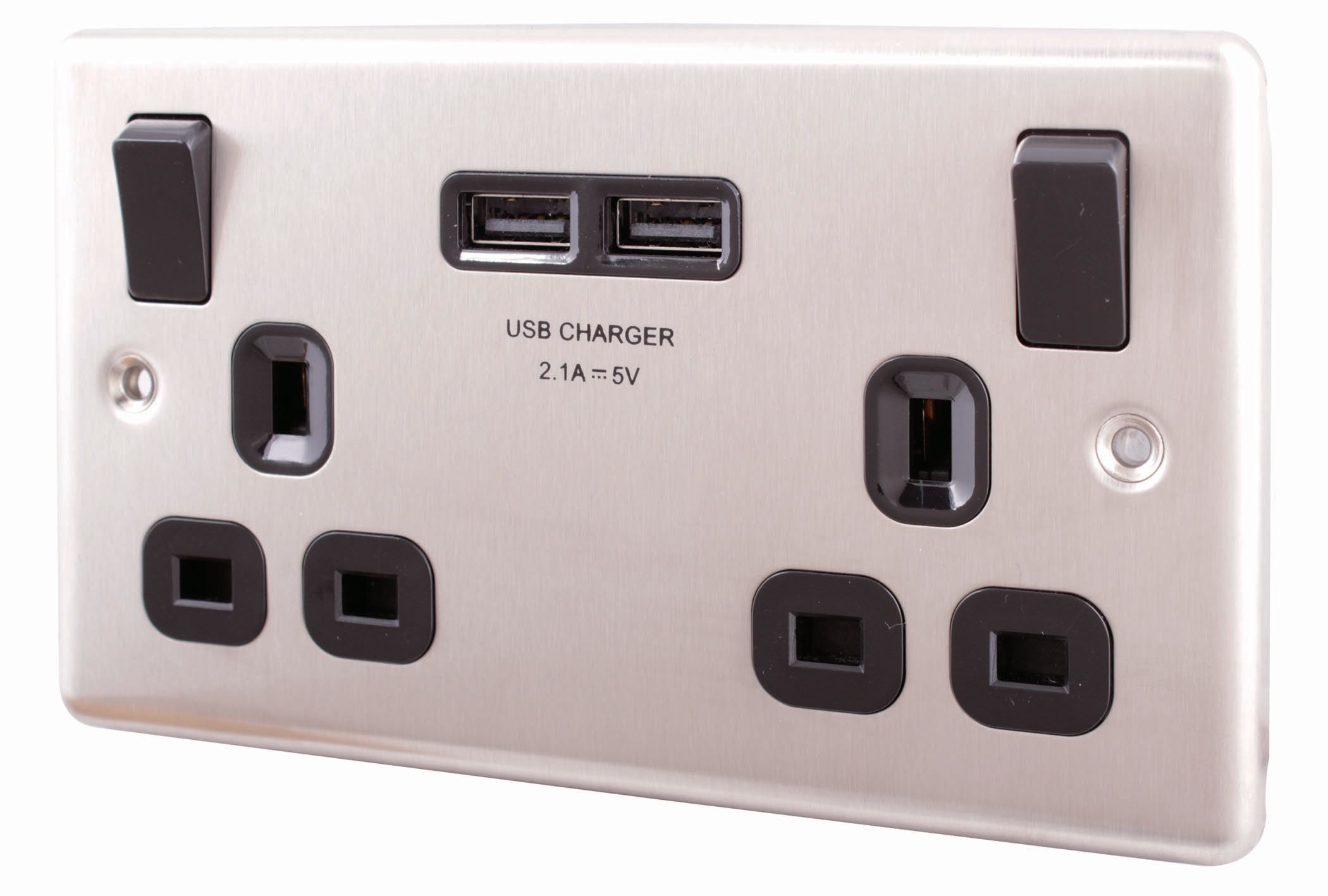 LAP Raised rounded Switched Socket with USB, x2 & Black inserts