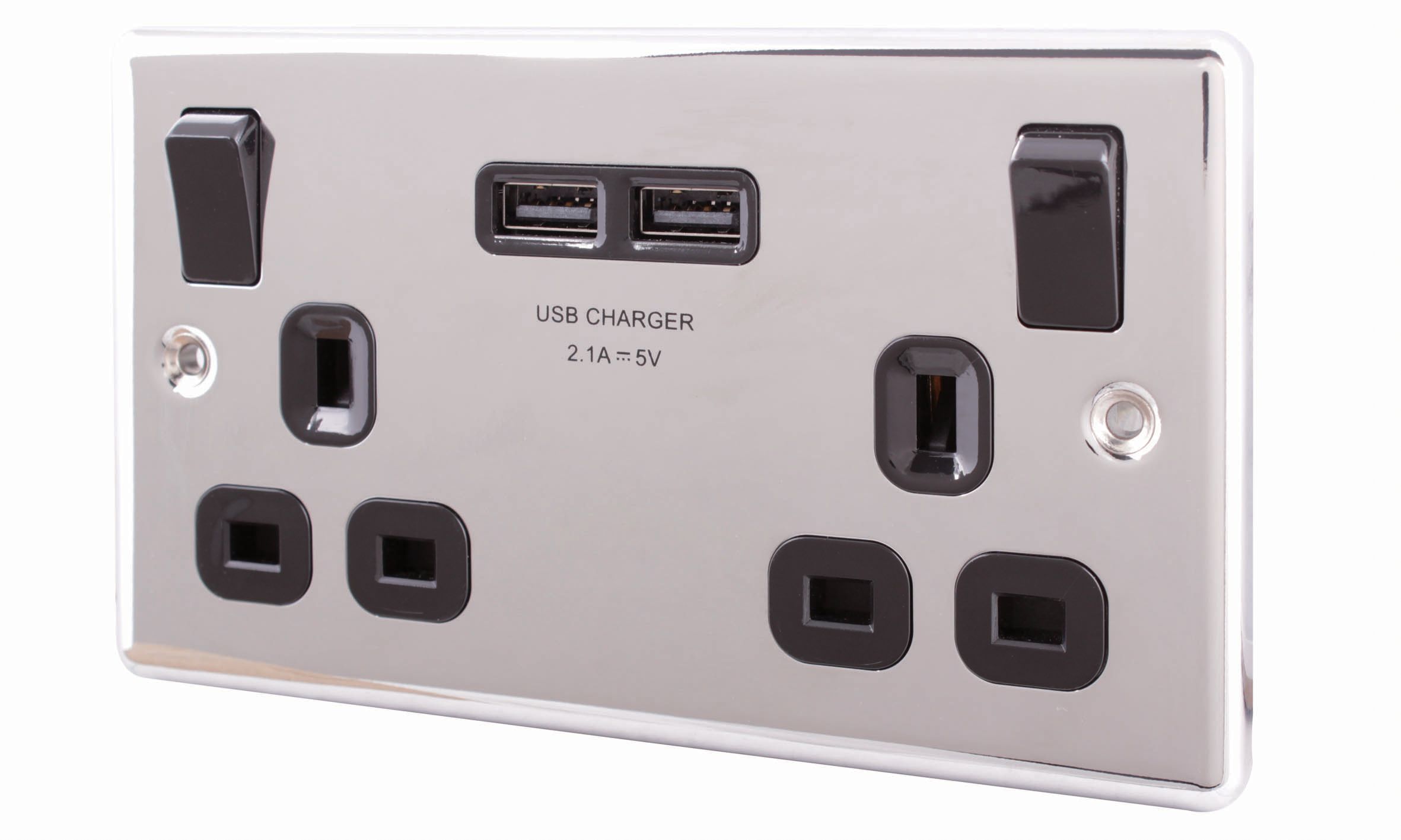 LAP Raised rounded Switched Socket with USB, x2 & Black inserts
