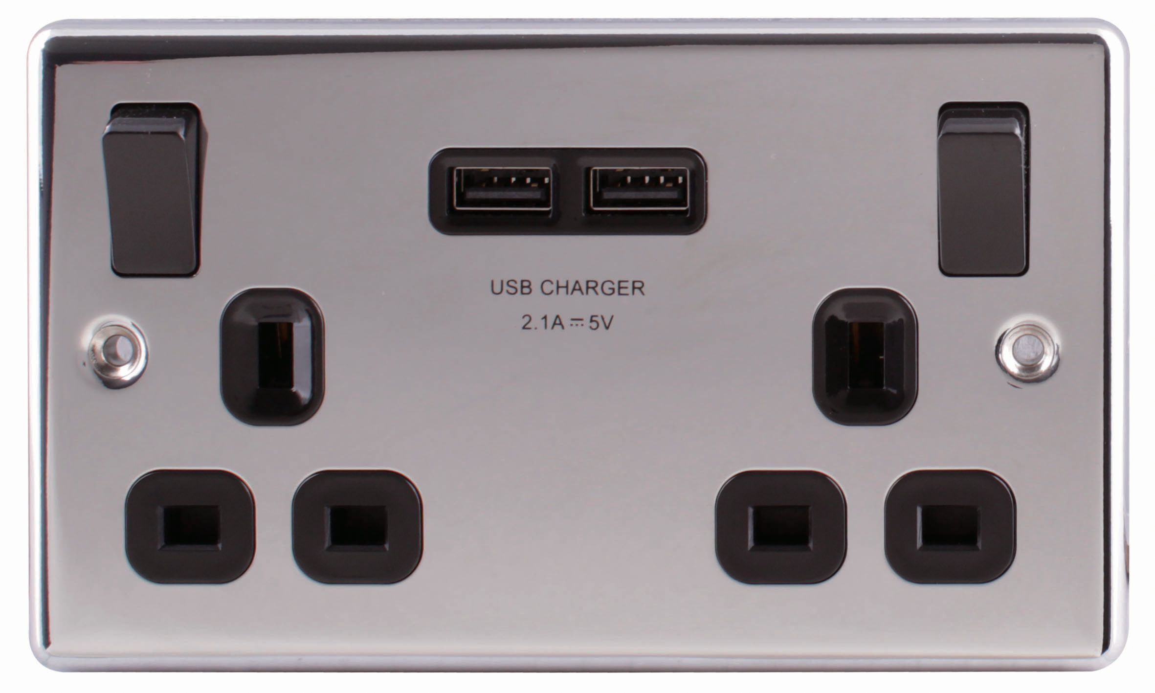 LAP Raised rounded Switched Socket with USB, x2 & Black inserts