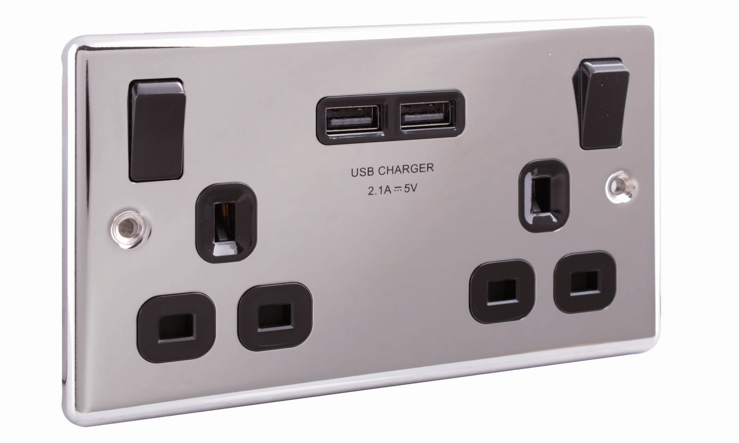 LAP Raised rounded Switched Socket with USB, x2 & Black inserts