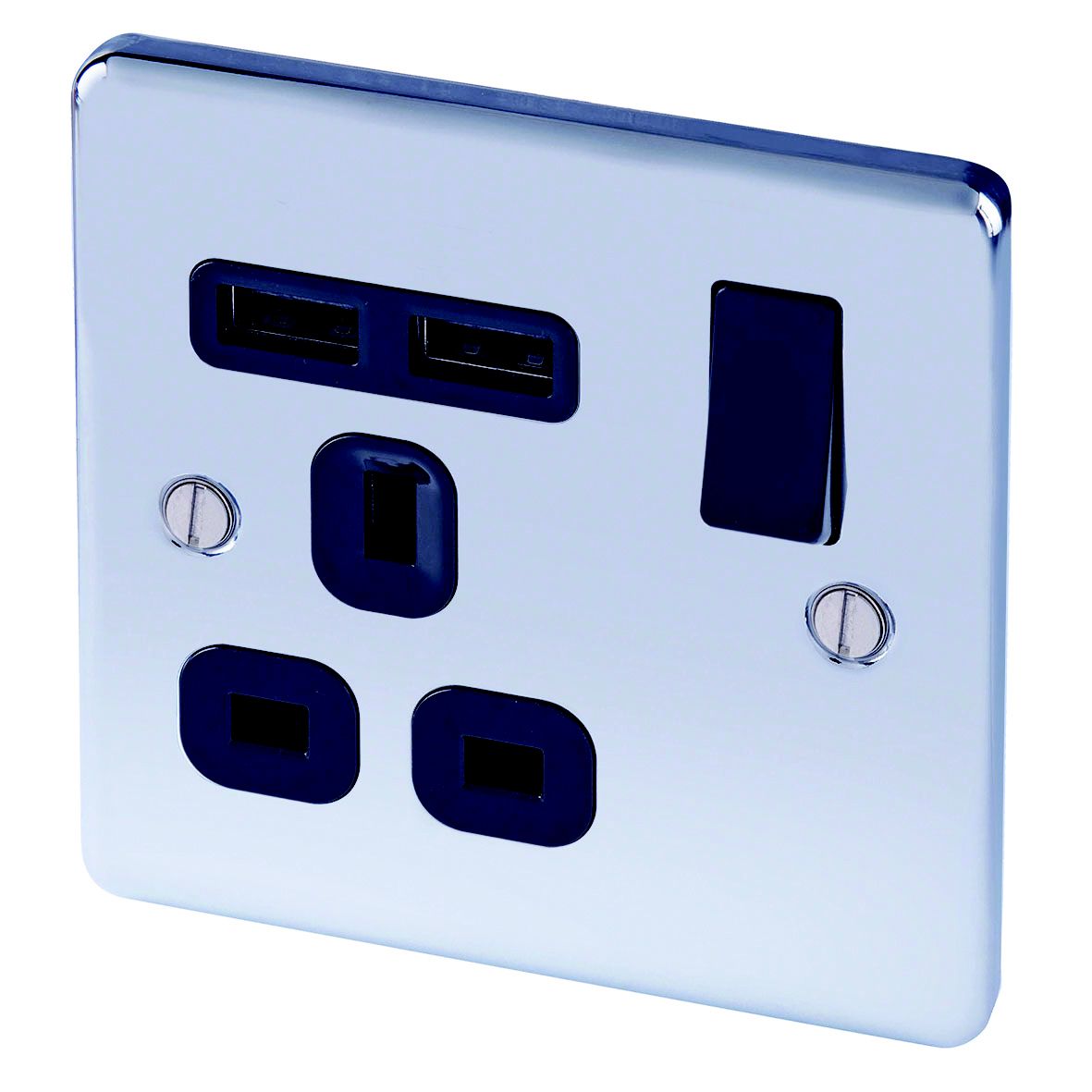 LAP Raised rounded Switched Socket with USB, x2 & Black inserts